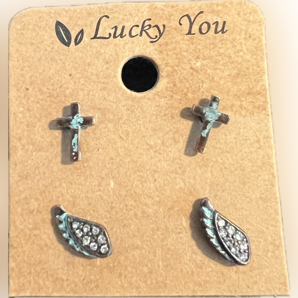 🔴Lucky You Turquoise Accent Cross Crystal Wing Earring Post Pierced Set